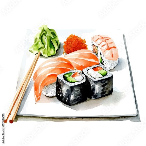 Sushi, watercolor painting vector, high quality, isolated on a white background.
