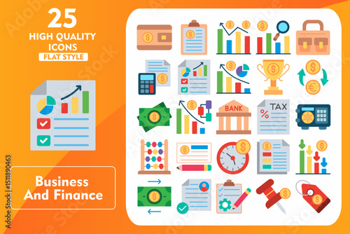 Business and finance Flat Icon Set. Incleded Icons Wallet, Clipboard, Stats, Data Analysis, Briefcase, Accounting, Report, Pie Chart, Trophy, Money Exchange. Vector Icons Collection