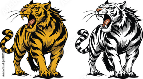 Roaring Tiger – Black and White Full-Body Digital Art with Hyper-Realistic Detail and Cinematic Lighting