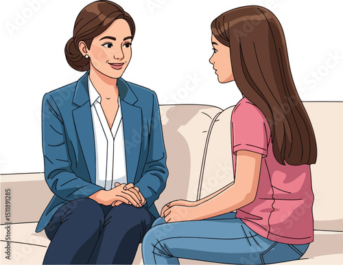 a Professional Female Counselor or Mentor Engaging in an Empathetic and Supportive Conversation with a Young Girl Seated on a Couch.