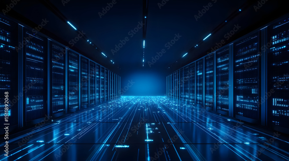 Obraz premium illustration of futuristic technology cyberspace. Information network of data center. Abstarct background blue wallpaper.