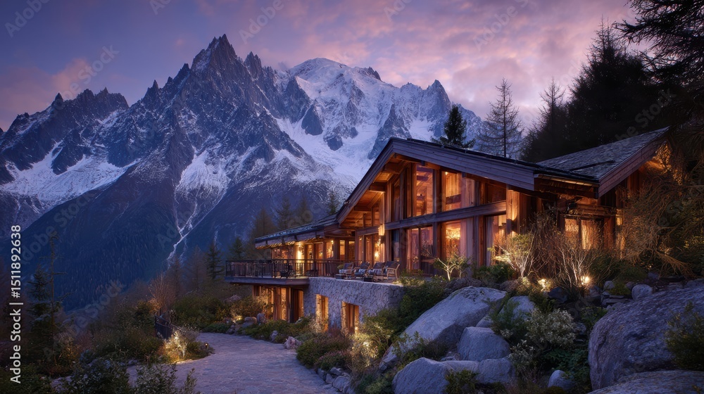 Fototapeta premium A stunning mountain lodge surrounded by breathtaking natural scenery under a twilight sky, illuminated and peaceful.