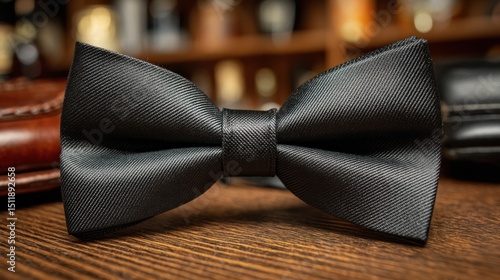 Formal Black Bow Tie on Polished Wood Surface Evoking Sophistication