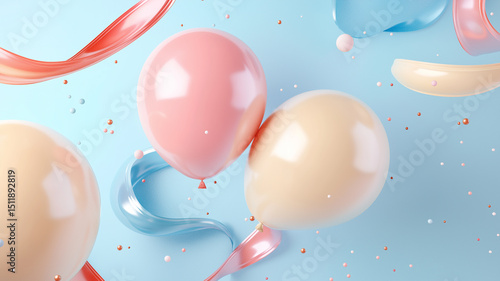 3D floating party balloons with swirling ribbon illustration