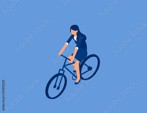Businesswoman riding bike. Isometric vector concept