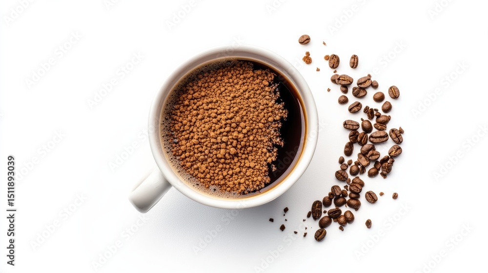 A top view of a cup filled with ground coffee and scattered coffee beans on a white background. A top view of a cup filled with ground coffee and scattered coffee beans on a white background.