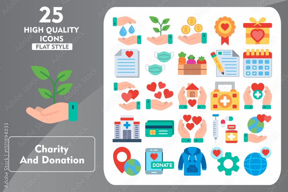 Fototapeta premium Charity and Donation Flat Icon Set. Incleded Icons Blood, Love, Medicine, Earth, Location, Mobile, Sweatshirt, Setting, Globe, Plant, Dollar, Badge. Vector Icons Collection
