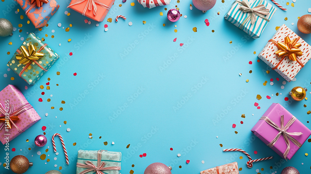 Fototapeta premium Holiday party layout with festive decor and confetti