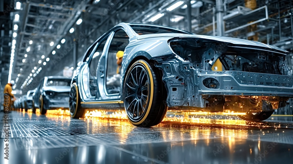 Car body is moving along assembly line in modern automobile factory, being welded by automated robots, showcasing advanced manufacturing processes and innovation in automotive industry Car body is moving along assembly line in modern automobile factory, being welded by automated robots, showcasing advanced manufacturing processes and innovation in automotive industry