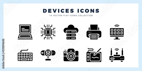 10 Devices Glyph icons pack. vector illustration.