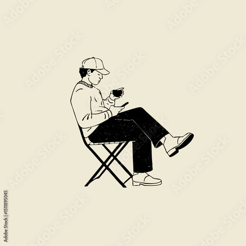 Man enjoying and drinking a coffee while sitting at a coffee shop, vector illustration 