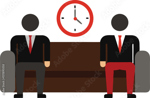 Executives waiting on leather sofa with clock in corporate office vector art illustration