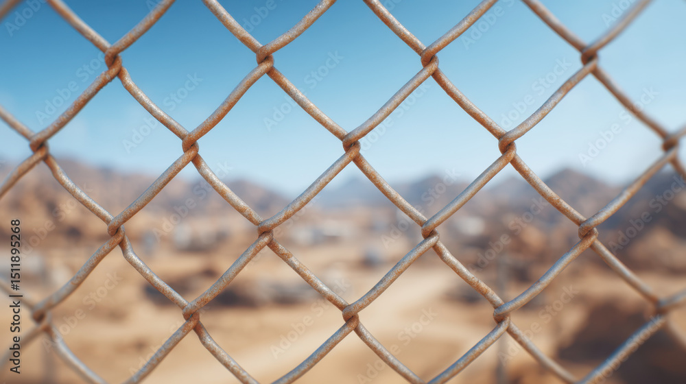 Fototapeta premium Desert landscape viewed through chain link fence with mountains in background
