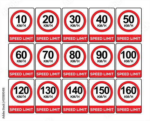 Set of road traffic speed limit signs from 10 km/h to 160 km/h red circle symbols for driving regulations safety transportation and highway rules