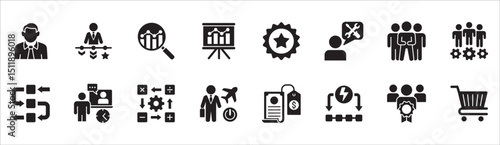 Business and management icon set. Contains symbol of businessman, target, leadership, progress, holiday, data, stock, market, accounting, training, resource, finance, service. Vector illustration