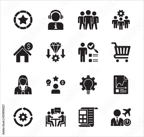 Business company Icon set. Management icon set. Contains symbol of teamwork, data, asset, stock, resource, employee, businessman, target, finance, holiday, meeting, progress. Vector illustration
