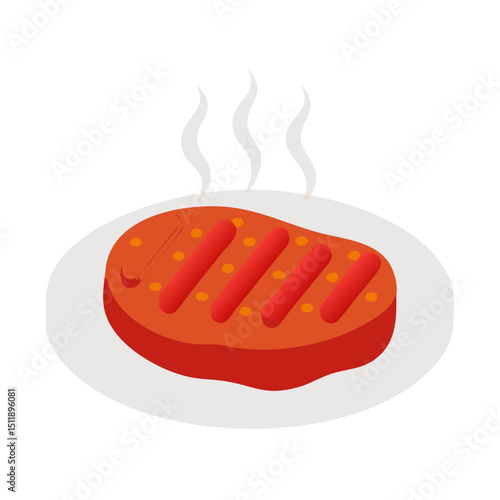Vector illustration of a sizzling steak with grill marks on white background