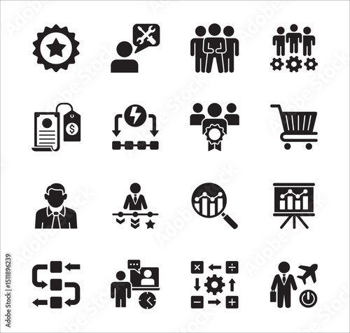 Business company Icon set. Management icon set. Contains symbol of teamwork, data, asset, stock, resource, employee, businessman, target, finance, holiday, meeting, progress. Vector illustration