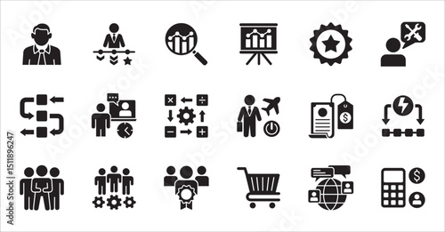 Business company and Management icon set. Contains symbol of teamwork, target, market, global, success, customer service, leadership, holiday, asset, meeting, entrepreneur. Vector illustration