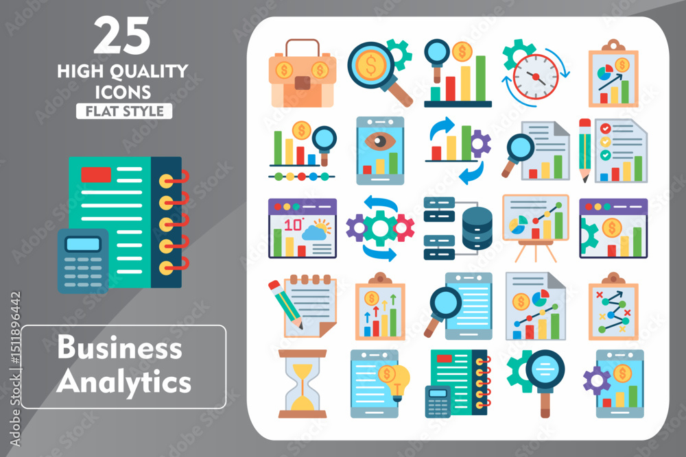 Business Analytics Flat Icon Set. Incleded Icons Briefcase, Magnifying Glass, Predictive, Productivity, Clipboard, Benchmark, Vision. Vector Icons Collection Business Analytics Flat Icon Set. Incleded Icons Briefcase, Magnifying Glass, Predictive, Productivity, Clipboard, Benchmark, Vision. Vector Icons Collection