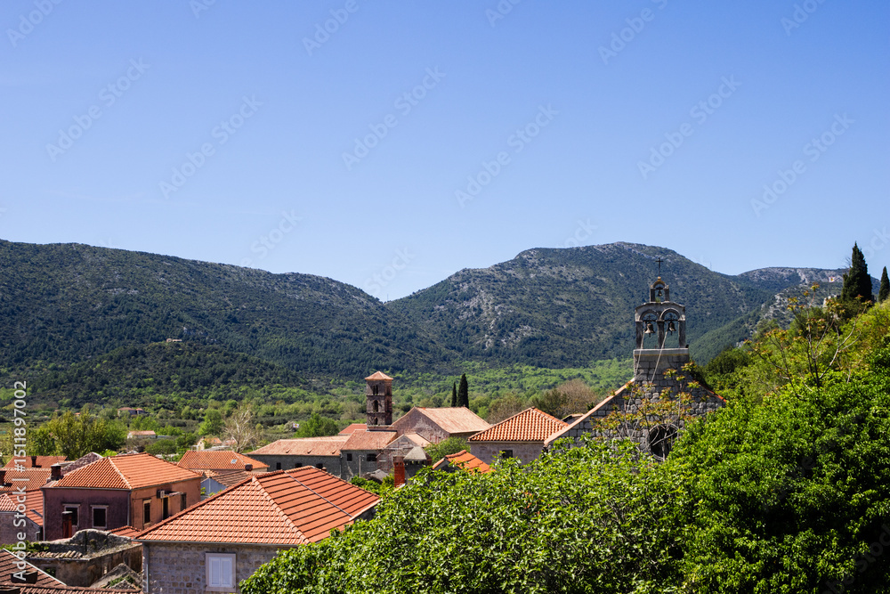 Obraz premium Stunning view of Ston from the medieval wall on the hill. Affordable luxury getaways