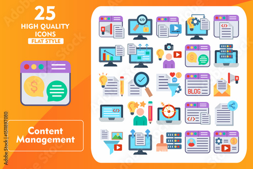 Content Management Flat Icon Set. Incleded Icons ontent Marketing, Open Source, Video Content, Implementation, Coding, Statistics, Publishing. Vector Icons Collection