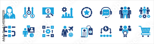 Business and management icon set. Contains symbol of businessman, target, leadership, progress, holiday, data, stock, market, accounting, training, resource, finance, service. Vector illustration