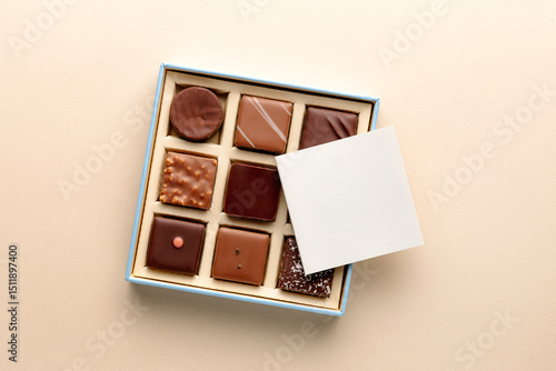 Minimal flatlay of open box with chocolate squares and blank card on beige background, elegant candy dessert packaging mockup concept