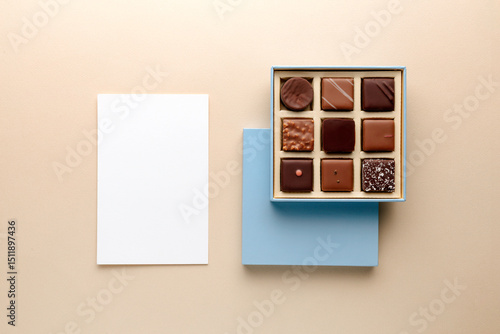 Minimal flatlay of open box with chocolate squares and blank card on beige background, elegant candy dessert packaging mockup concept