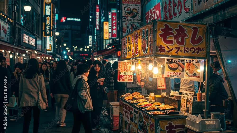 Night street scene in Japan with people and a food stall. Night street scene in Japan with people and a food stall.