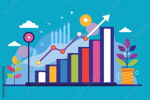 Colorful Business Growth Chart with Upward Trend Line, Plants, and Abstract Shapes.