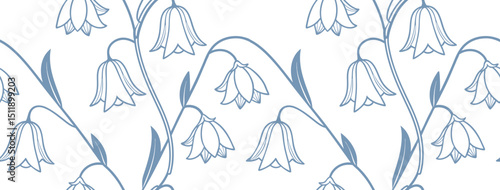 Seamless bellflower pattern in soft blue tones on a white background. Ideal for textiles, wrapping paper, or digital design. Delicate floral line art with elegant hanging blossoms.