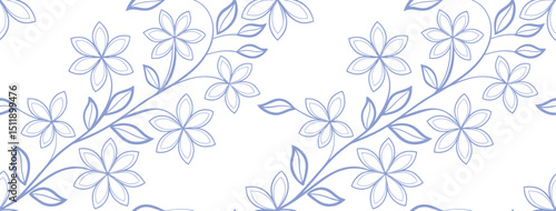 Elegant blue floral seamless pattern with outlined flowers and leaves on a white background. Ideal for fabric, stationery, or wallpapers. Soft botanical design with graceful linework.
