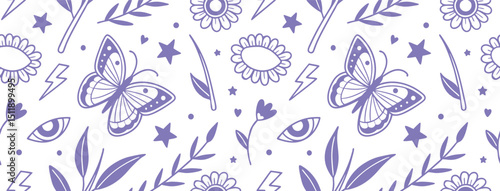 Whimsical seamless pattern with purple butterflies, stars, lightning bolts, flowers, and eyes on a white background. Ideal for trendy textiles, digital art, or stationery. Playful  mystical design