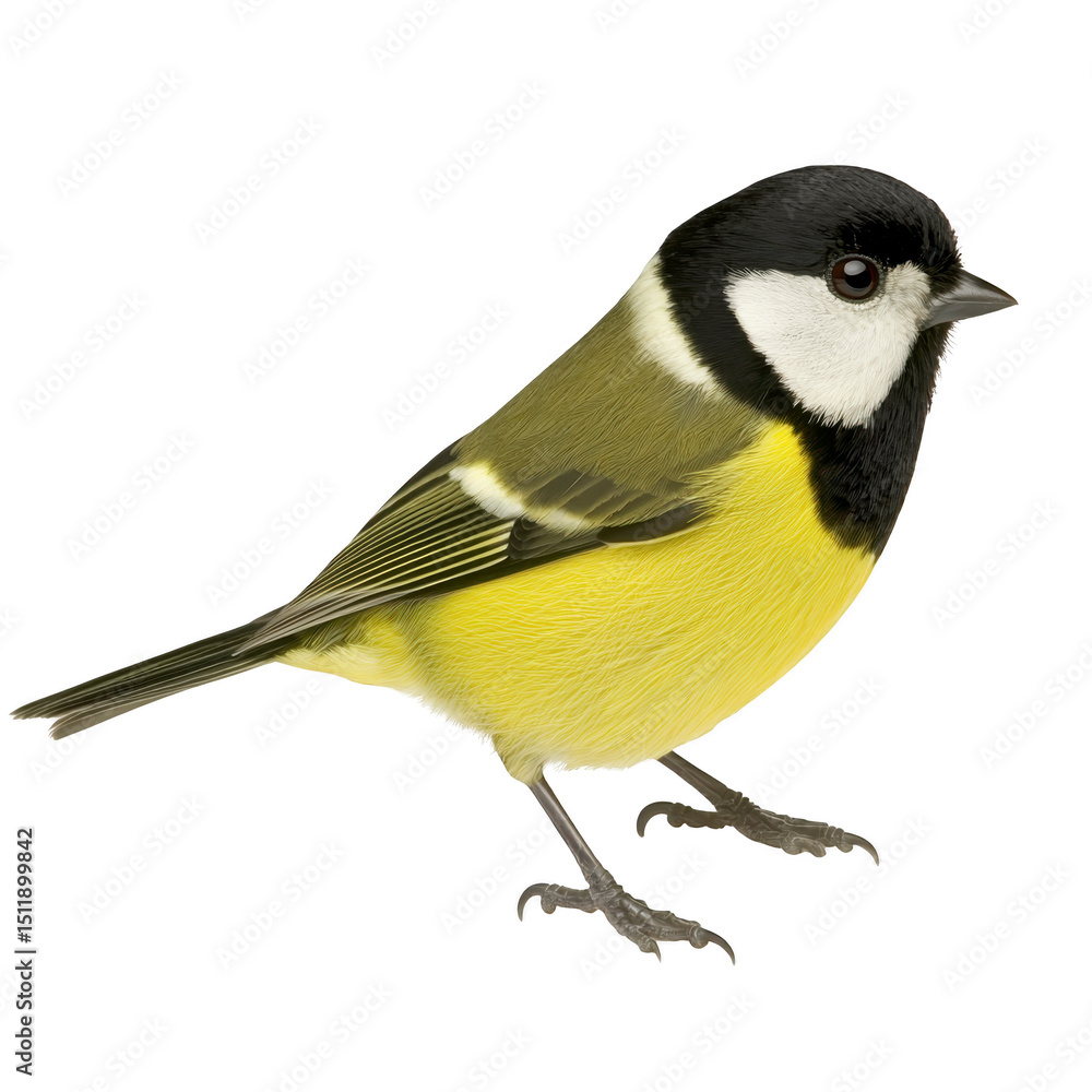 Obraz premium Vibrant illustration of great tit bird, showcasing its distinctive black head, white cheeks, and bright yellow underparts. bird is perched, highlighting its detailed plumage and natural beauty