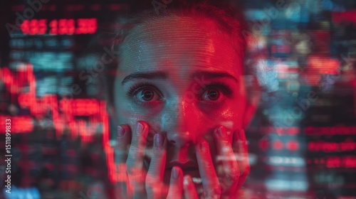 A young woman shows fear and stress as financial data flashes across the screen, highlighting anxiety in the modern age.