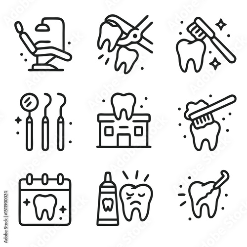 Set of nine dental icons for dentistry websites, social media posts, educational materials, and medical presentations. Visually represents dental concepts.