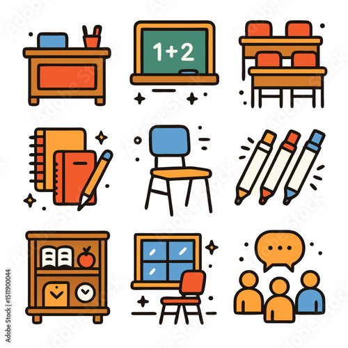 Classroom items and furniture like desks, chairs, whiteboard, and books. Ideal for educational and schoolrelated projects and designs