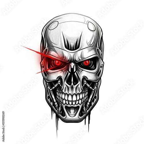 Sketch. Tattoo on white background. head terminator skull