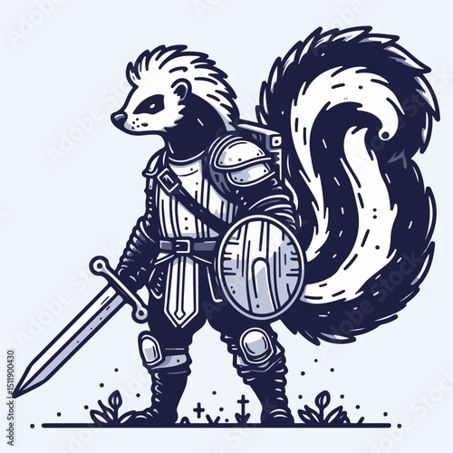 Knight Skunk: A valiant skunk, armored and armed, stands ready, embodying courage, strength, and determination, his striped tail a symbol of resilience and readiness.