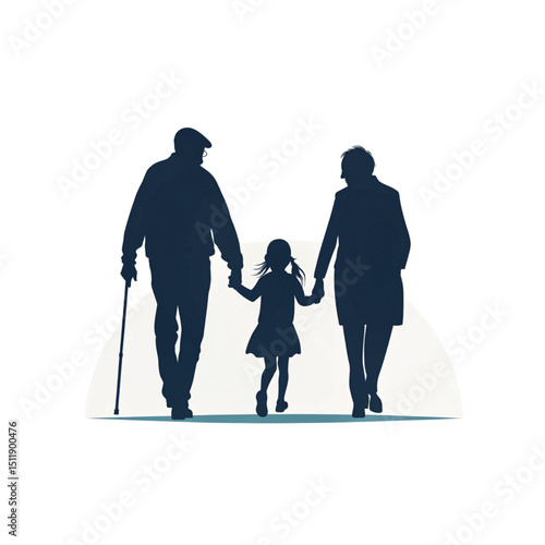 Vector silhouette illustration of grandparents walking with their granddaughter