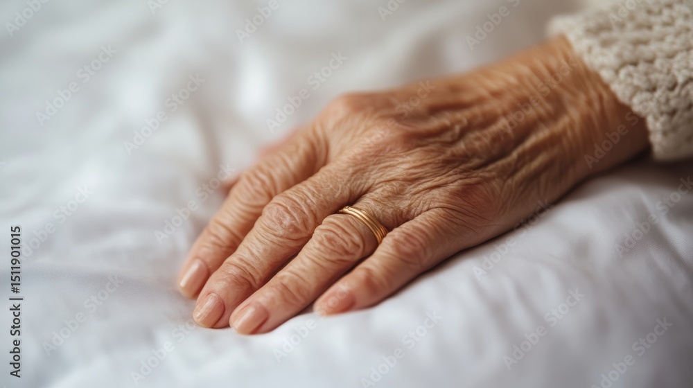 Fototapeta premium An aged hand resting gently on soft fabric, symbolizing care, wisdom, and the beauty of human experience.