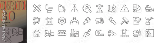 Collection of editable stroke construction icons in a clean design, featuring tools, structures, and safety equipment.