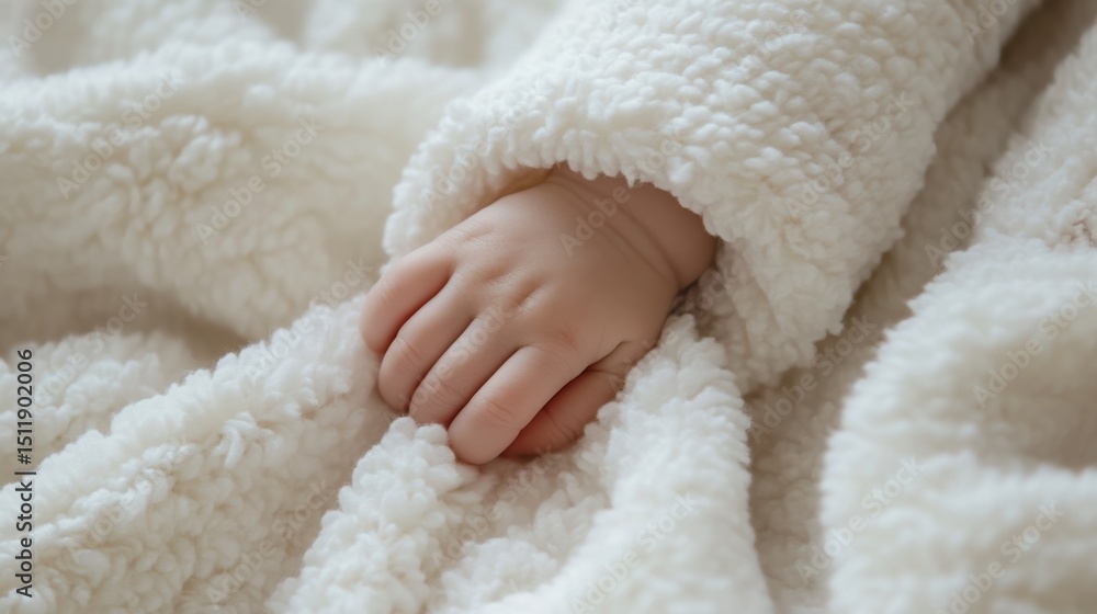 Close-up of a baby's hand clutching a soft, fluffy blanket in a cozy setting, evoking warmth and comfort. Close-up of a baby's hand clutching a soft, fluffy blanket in a cozy setting, evoking warmth and comfort.