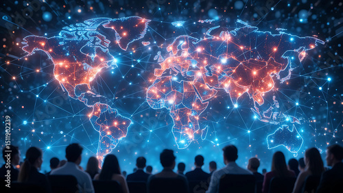 Globalization conference audience watching world map presentation on digital network technology screen