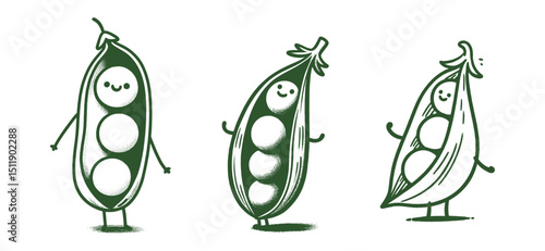 Set of three cartoon pea pod characters with expressive faces and playful gestures, evoking fun and whimsy, vector collection
