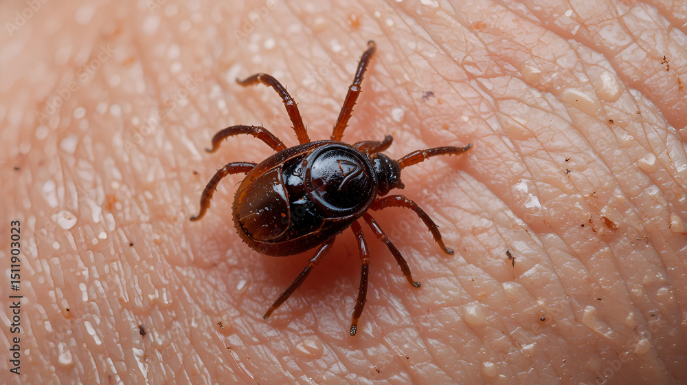 Infected tick on human skin. Ixodes lyme ricinus mite. Dangerous biting insect macro photo. AI generation Infected tick on human skin. Ixodes lyme ricinus mite. Dangerous biting insect macro photo. AI generation