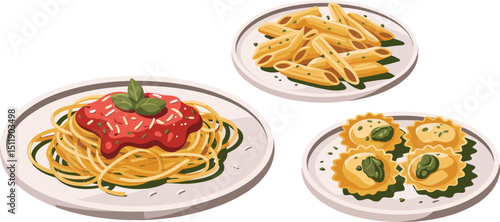 Delicious Italian pasta dishes with spaghetti, penne, and ravioli served on plates, showcasing authentic Mediterranean cuisine flavors flat vector illustration