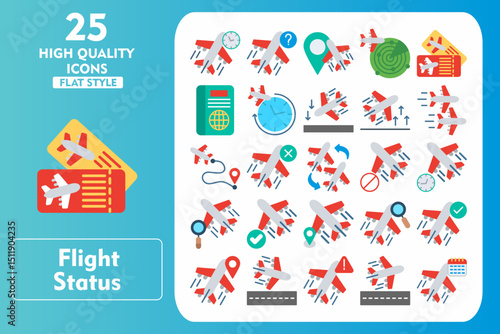 Flight Status Flat Icon Set. Incleded Icons Delayed, Cancelled, Searching, On Time, Tracker, Arrival, Important Notice, Departure, Schedule. Vector Icons Collection