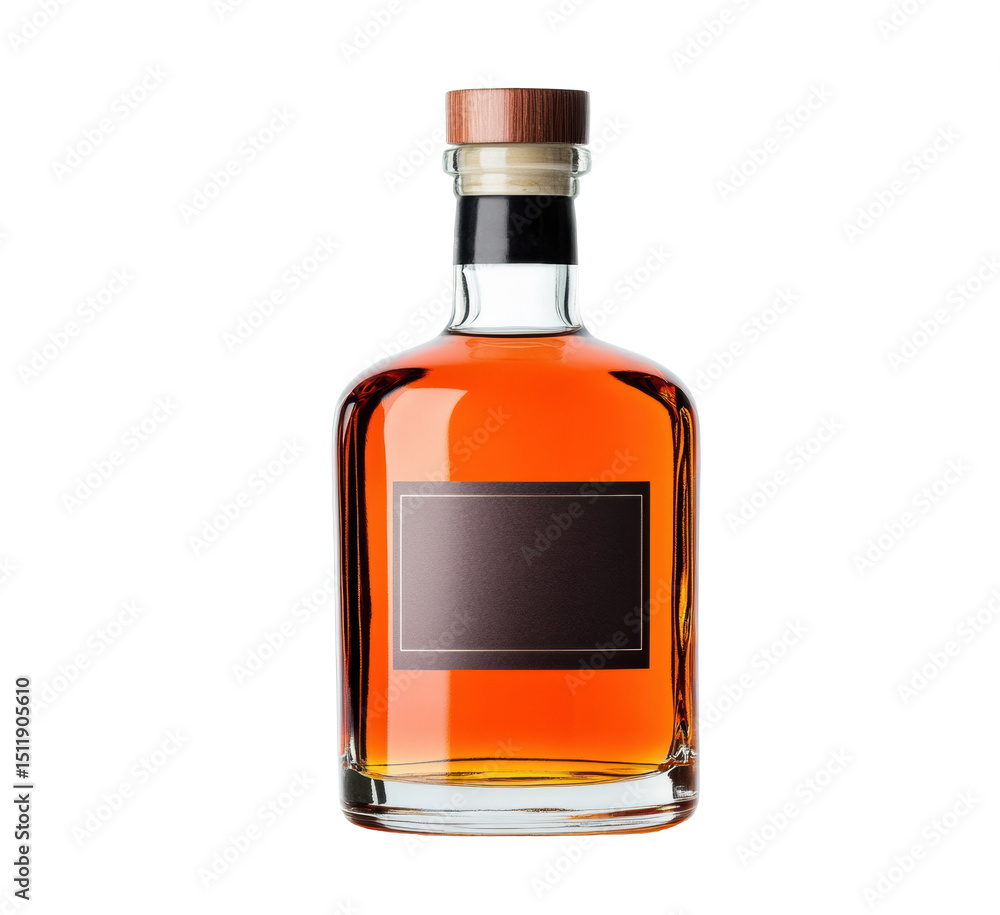 Elegant bottle of amber liquor with wooden stopper for gifting on a transparent background, cut out Elegant bottle of amber liquor with wooden stopper for gifting on a transparent background, cut out